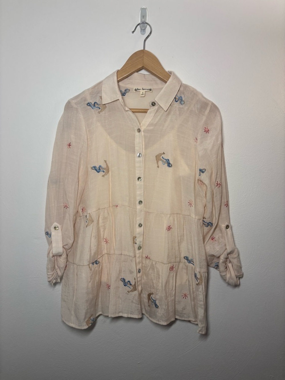 Hope Springs Anchor Sailing Embroidered Tiered Button-Down Shirt Size Small